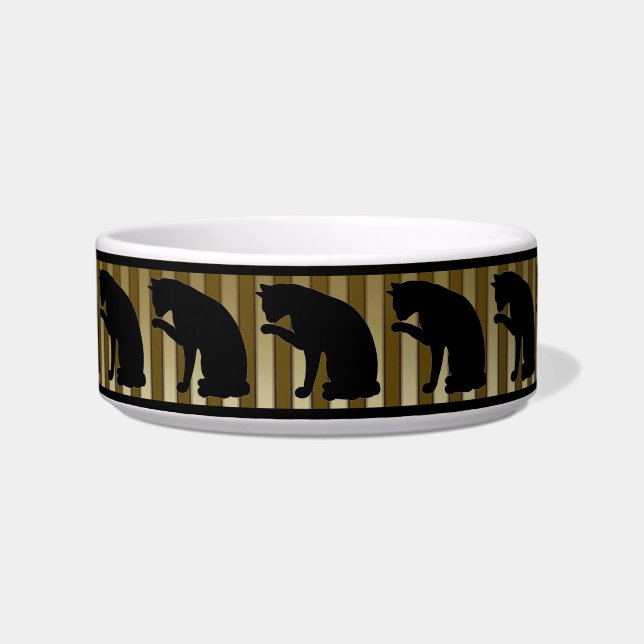 Silhouette Cat (zwart en gouden strips) Voerbakje (Voorkant)
