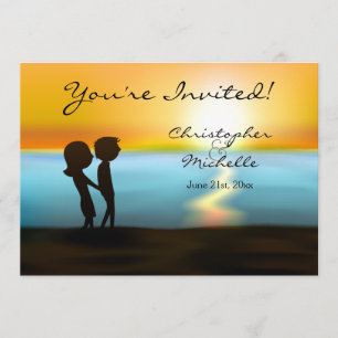 Silhouette Couple Sunset Beach Mariage Invitation