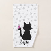Silhouette de chat noir papillon rose sur la queue (Serviette à main)