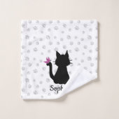 Silhouette de chat noir papillon rose sur la queue (Gant de toilette)
