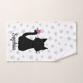 Silhouette de chat noir papillon rose sur la queue (Serviette à main)