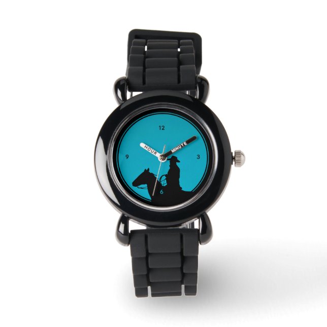 Silhouette de cow-boy sur montre turquoise (Recto)