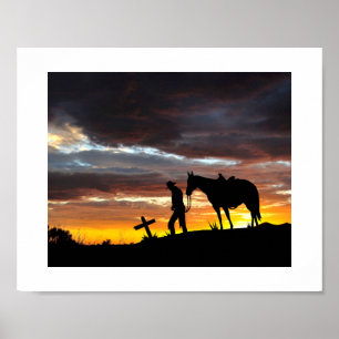 Silhouette De Prière Cowboy Avec Poster Du Coucher