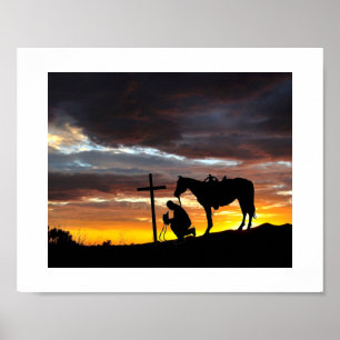 Silhouette De Prière Cowboy Avec Poster Du Coucher