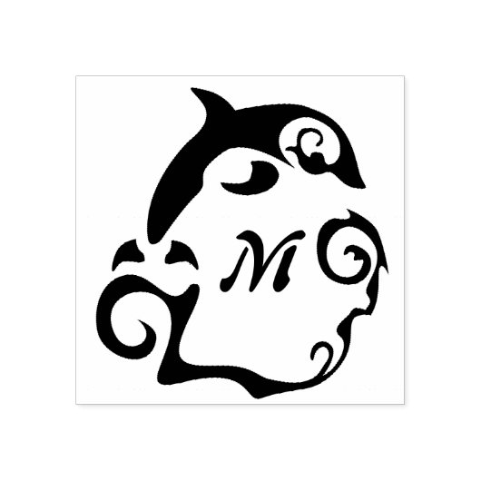 Silhouette Dolphin in a Black Zee Wave Monogram Rubberstempel (Afrduk)