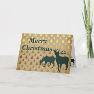 Silhouette Elk Golden Pine Trees Vrolijk Kerstfees Feestdagen Kaart