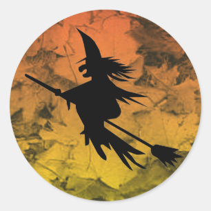 Silhouette Flying hech Fall Leaves Halloween Ronde Sticker