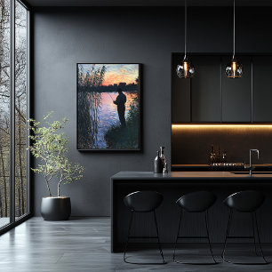 Silhouette Man Gevist bij zonsondergang - Impressi Poster