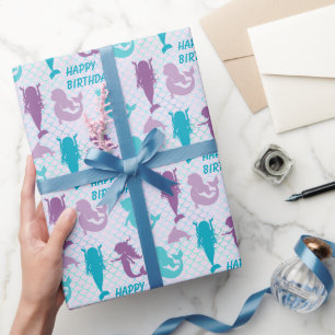 Silhouette Mermaids Aqua Fish Pattern Birthday Cadeaupapier