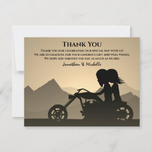Silhouette Motorcycle Couple Mountain Wedding Bedankkaart