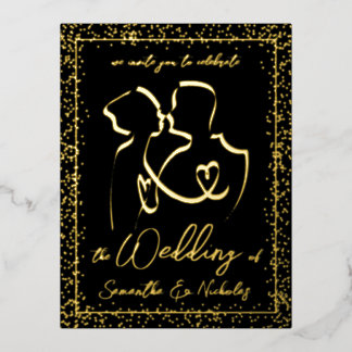 Silhouette of Lovers in Black & Gold Wedding Folie Uitnodiging Briefkaart