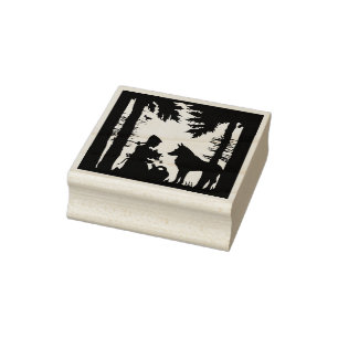 Silhouette Riding Hood Trees Forest Wolf Rubberstempel