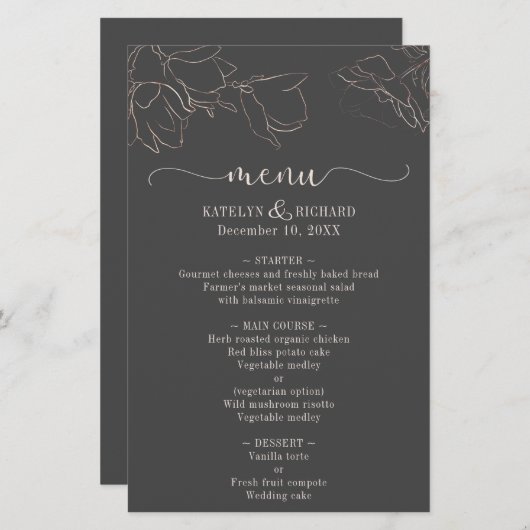 Silhouette rose or floral Mariage Menu Réception (Devant / Derrière)