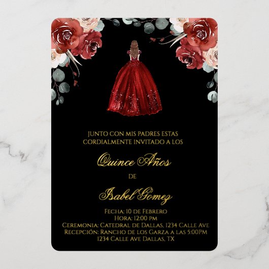 Silhouette rouge quinceañera invitation foil invit (Recto)