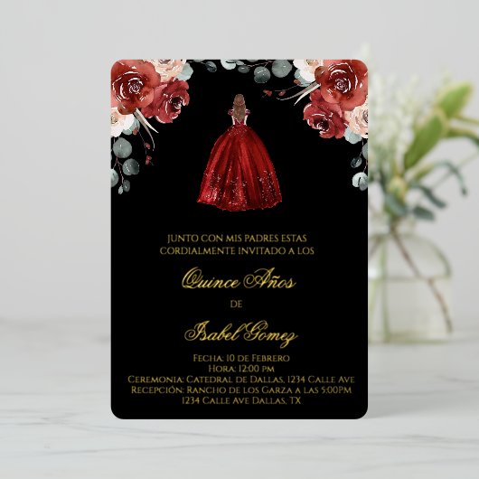 Silhouette rouge quinceañera invitation foil invit (Debout devant)