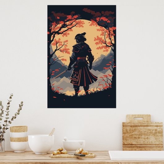 Silhouette Samurai Warrior Moon Poster (Keuken)