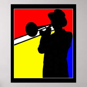 Silhouette trombone player, mondrian style art 20" poster