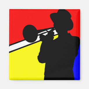 Silhouette trombone-speler, mondrian style art magneet