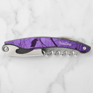 Silhouette van Black Crow in Tree Branches Paars Kurkentrekker