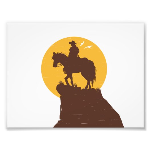 Silhouette van cowboy-rijdend paard bij zonsonderg foto afdruk (Voorkant)