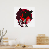 Silhouette van een Karate Fight. Achtergrond rode  Poster (Keuken)