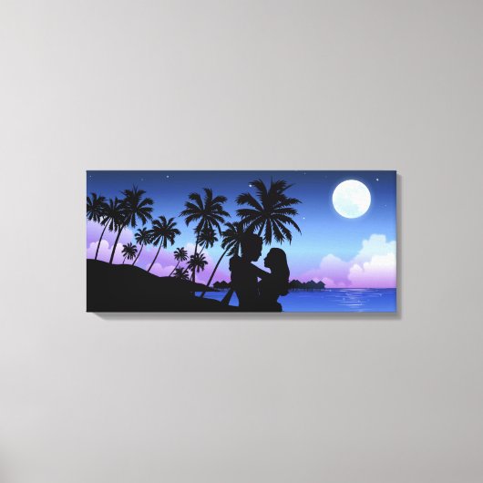 Silhouette van een paar dat op het strand omarmt canvas afdruk (Voorkant)