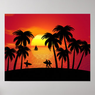 Silhouette van een tropisch eiland op Sunset Poster