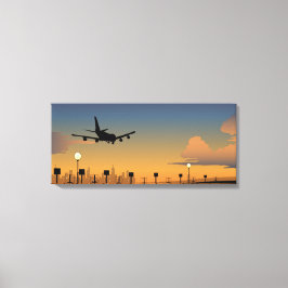 Silhouette van een vliegtuig tijdens de vlucht canvas afdruk