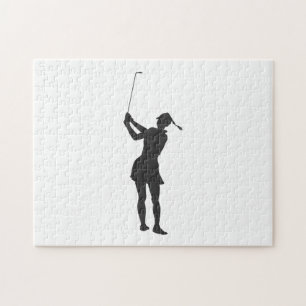 Silhouette van een vrouw die golf speelt legpuzzel