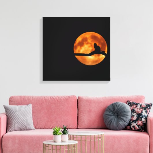 Silhouette van een zwarte kat in een boom canvas afdruk (Insitu (Woonkamer))