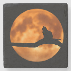 Silhouette van een zwarte kat in een boom stenen onderzetter
