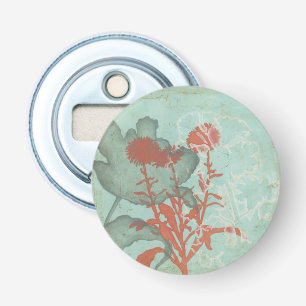 Silhouette van Rode Bloemen op Blauwgroen Achtergr Button Flesopener