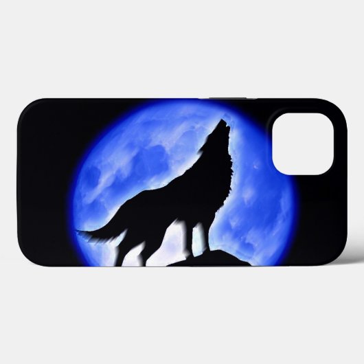 Silhouette van Wolf Howling bij Moon in Blue Night Case-Mate iPhone Case (Achterkant (horizontaal))