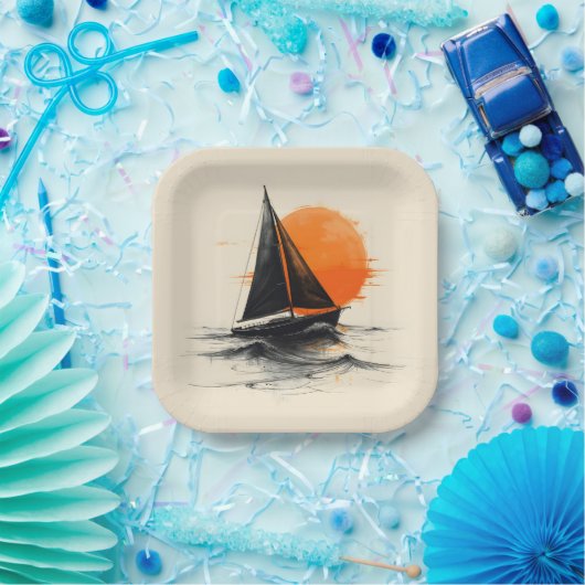 Silhouette zeilboot schets met Oranje zon Papieren Bordje (Feest)