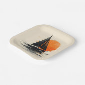 Silhouette zeilboot schets met Oranje zon Papieren Bordje (Gebogen)