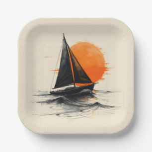 Silhouette zeilboot schets met Oranje zon Papieren Bordje