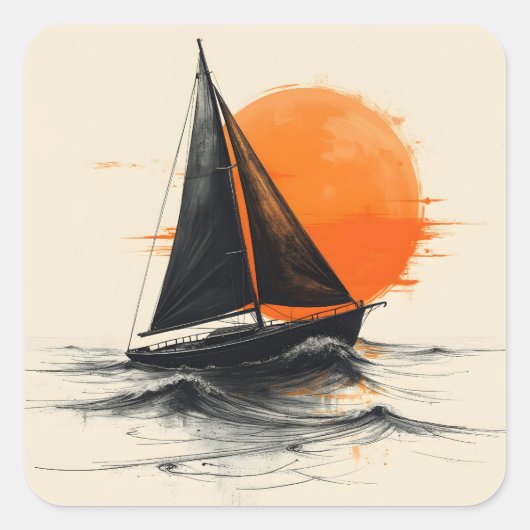 Silhouette zeilboot schets met Oranje zon Vierkante Sticker (Voorkant)