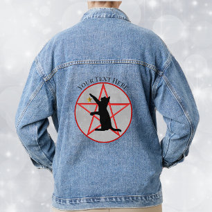 Silhouette Zwarte Kat in Rood Pentagram Gouden Ste Denim Jacket