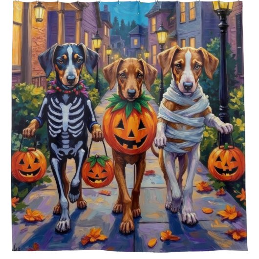 Silken Windhound Dogs in Halloween Costumes Douchegordijn (Voorkant)
