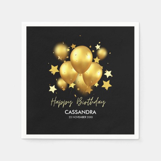 Silky Golden Balloons Stars Black Birthday Servet (Voorkant)