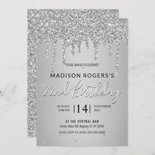 Sillver jonge meisje of dame glitters uitnodiging (Voorkant / Achterkant)