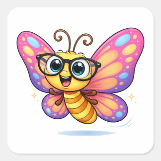 Silly Butterfly Cartoon With Glasses Vierkante Sticker