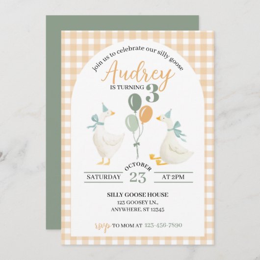 Silly Goose Birthday Invitation | Watercolor Plaid (Devant / Derrière)