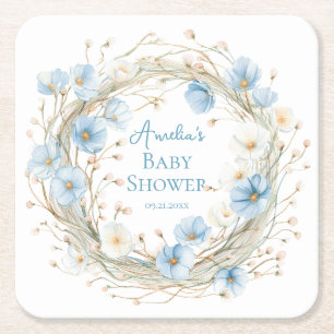 Silly Goose Blauwe Wilde Bloem Baby Shower Papiere Vierkante Kartonnen Onderzetter