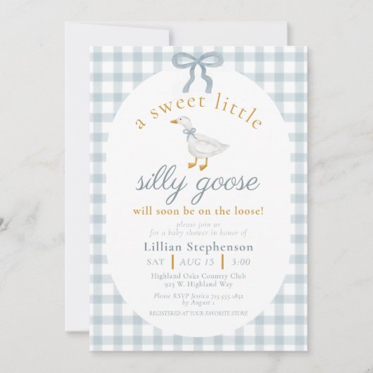 Silly Goose Blue Bow Duck Gingham Baby Shower Kaart (Voorkant)