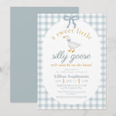 Silly Goose Blue Bow Duck Gingham Baby Shower Kaart (Voorkant / Achterkant)