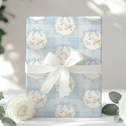 Silly Goose Blue Bow Whimsical Preppy Gingham Cadeaupapier