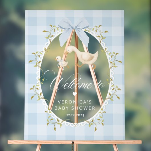 Silly Goose Blue Gingham Baby Shower Welcome Acryl Bord (Neutraal)