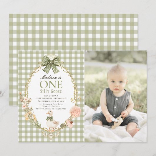 Silly Goose Floral Green Gingham 1st Birthday Kaart (Voorkant / Achterkant)