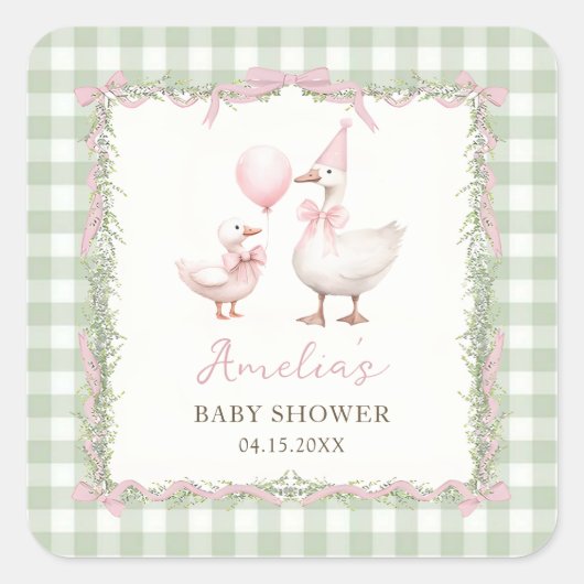 Silly Goose Green Gingham Baby Shower Sticker (Voorkant)